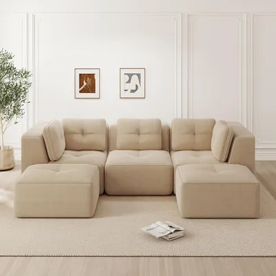 Produktbild von U-förmiges Ecksofa Beige, Modulares Cord Sofa mit Ottomane, 3-Sitzer Wohnlandschaft mit tiefer Sitzfläche, Rahmenlos ohne Montage, 297x177x69 cm