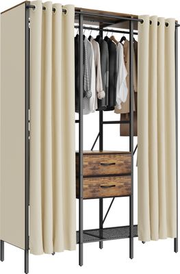 WISFOR Kleiderschrank offen, extra Groß Kleiderständer mit Kleiderstange, Ablagen und Schubladen, Wäscheständer Industrial Design, 150 x 50 x 214 cm