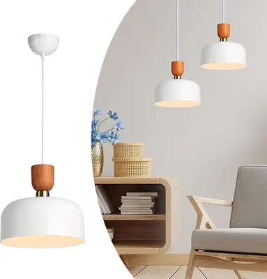 Image de Suspension nordique moderne 30 cm - Métal blanc avec effet bois, hauteur réglable, douille E27, cuisine ou salle à manger