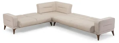 Zdjęcie produktu dla Elegancka narożna sofa w kolorze beżowym, z drewnianymi nogami i miękkim obiciem