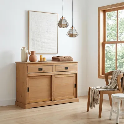 Produktbild von Kommode SAVONA, Sideboard mit 2 Türen 2 Schubladen, Kiefer massiv, Oberfläche braun lackiert, Buffetschrank, Geschirrschrank, Massivholz