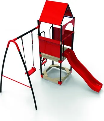 Produktbild von Metalowy plac zabaw dla dzieci huśtawka metalowa KAJTEK czerwony 295x215x260 cm Domek z Podestem Ślizg Piaskownica