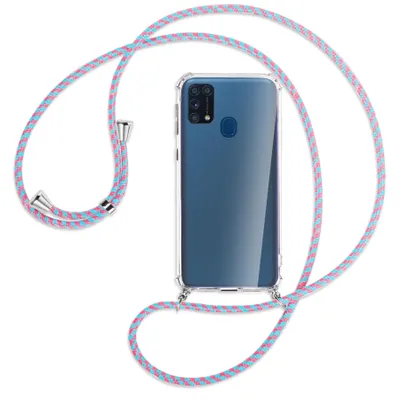 Produktbild von Handykette Backcover-Schutzhülle mit Band (Metall silberfarben) für Samsung Galaxy M31 - pink/mint