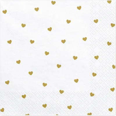 Produktbild von Servietten Herzen 33x33cm 20 Stück, weiß / gold
