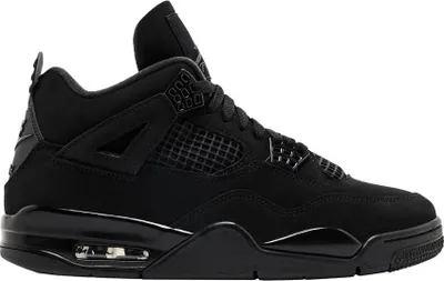 A studio shot of a single black Nike Air Jordan 4 Retro sneaker.