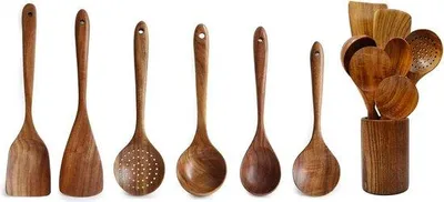 Produktbild von Küchenutensilien-Satz zum Kochen aus Naturteakholz, hitzebeständig und kratzfrei