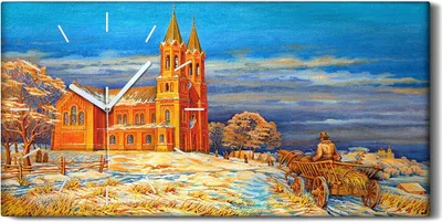Produktbild von Wanduhr Bürouhr Leinwand Bild 60x30 Gemälde Kathedrale auf dem Land Dorfbewohner - weiße Hände