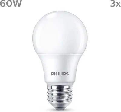 Immagine prodotto di Lampadina LED Philips, 60 W, E27, bianco caldo, opaca, non dimmerabile, confezione da 3