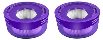 Two purple vacuum cleaner filters shown from a slightly elevated angle against a white background.