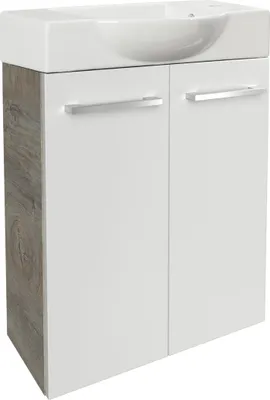 Produktbild von Fackelmann SBC STANFORD Gäste WC Set 2-teilig 55 cm, Braun hell/Weiß, 2 Türen, Keramik Hahnloch rechts