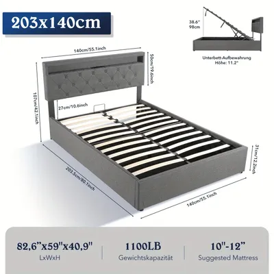 Obrázek produktu pro Postel s pružinovou základnou - Pružinová základna - Postel - Rám postele - Postel s pružinovou základnou a úložným prostorem - 140x200 cm - Látka: len