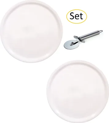 Produktbild von Saturnia Pizzateller - Serie Napoli - im Set Inklusive Pizzaschneider/Pizzaroller - Weiss (2, Ø31cm)
