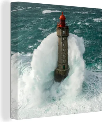 Produktbild von MuchoWow® - Leinwandbilder - Der Leuchtturm von la Jument in Frankreich vor einem grauen Himmel, Wandbild, Wanddeko Bilder Wohnzimmer, 90x90cm