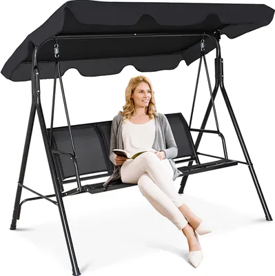 Produktbild von 3 Sitzer Hollywoodschauke, Gartenschaukel mit verstellbarem Sonnendach, aus Metallgestell & Polyster, Schaukelbank für Terrasse, Balkon, Garten, 240 kg belastbar, 170 x 120 x 153 cm (Schwarz)