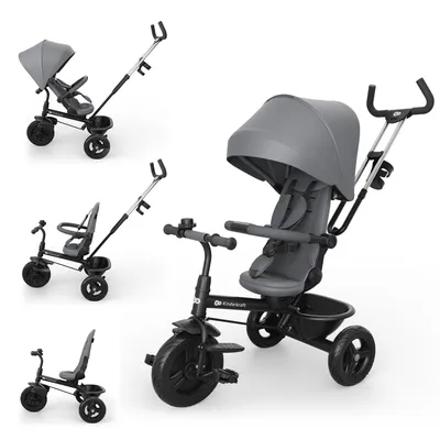Produktbild von Kinderkraft Aston 2 PLUS Dreirad mit Schiebestange, drehbarer 360° Sitz Click & Twist, Freilaufpedale, Verdeck mit Sichtfenster, Grau
