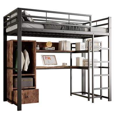A loft bed with a desk and storage unit against a white background.