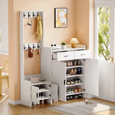 Produktbild von Garderoben und Schuhschrank Set für den Eingangsbereich mit 2 Schubladen 2 Schranktüren 6 Ablagen und 8 Haken für Flur Eingangsbereich 125×36×165cm