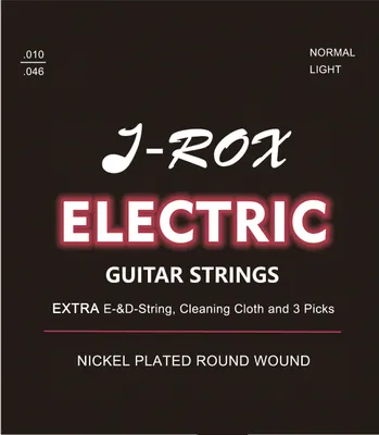 Produktbild von Gitarrensaiten E-Gitarre - Premium Nickel Saiten für die E-Gitarre / elektrische Gitarre + Extra E-Saite + Extra D-Saite + Reinigungstuch + 3 Picks – Gitarren Saiten von J-ROX