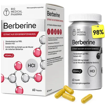 Produktbild von Berberin Kapseln Hochdosiert 500mg – Berberine HCl 98% aus Berberis Aristata – Geruchsneutral, Vegan, Labor (60 Kapseln)