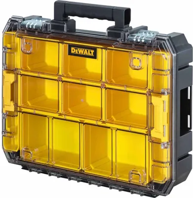 Produktbild von DeWalt T-STAK Sortimentskasten DWST82968-1 IP54, Polykarbonat-Deckel, Metallscharniere und -verschlüsse, Schwarz-Orange, L 440 x B 337 x H 119 mm, 10 herausnehmbare Sortiereinsätze, 7,8 Liter, bis 20 kg, für Kleinteile, Zubehör & Elektrowerkzeug