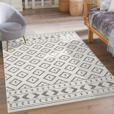 Produktbild von Kurzflor Teppich Grau, Creme - 120x170 cm - Wohnzimmer-Teppiche 3D-Effekt - Raute-Muster