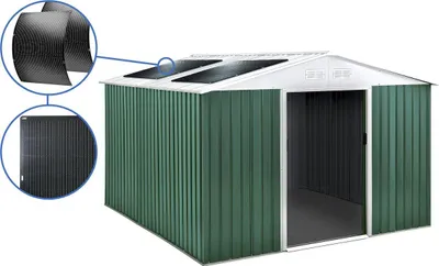 Produktbild von Gerätehaus aus Metall - "Rosas " - 10,85 m² mit Solarpaneelen - Grün