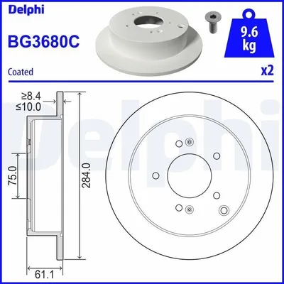 Produktbild von 2x DELPHI Bremsscheibe BG3680C für HYUNDAI ix35 (LM EL ELH) 61 1mm 284mm