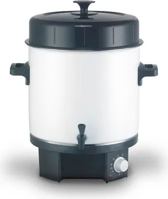 A front-facing image of a white and dark gray electric beverage dispenser with a black lid.