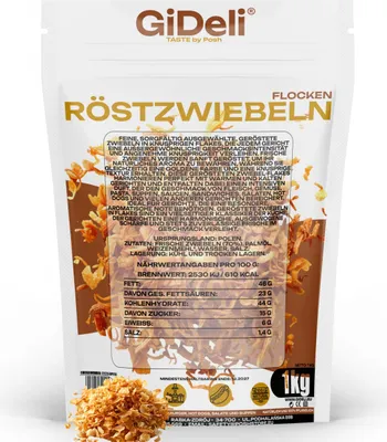 Image de Oignons rôtis croustillants, 1 kg. Idéal pour les burgers, les hot-dogs, les frites et comme condiment. Marque : GiDeli