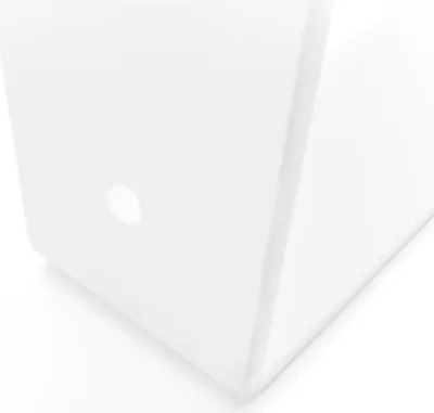 A close-up, angled view of a white shelf bracket.