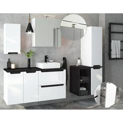 Produktbild von Badmöbel Komplettset Hochglanz weiß mit Beton-Dunkel SOFIA-107 mit 40cm Keramik-Waschtisch & LED-Spiegelschrank, B/H/T ca. 240/200/46 cm