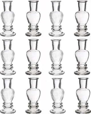 Produktbild von 12 x Vasen aus Glas für eine stilvolle Tischdeko - Glasvasen Hochzeit - Blumenvase Vintage - Tischvase für Festlichkeiten - Kleine preiswerte Vasen aus Glas