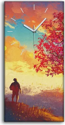 Produktbild von Dekor Leinwand Uhr Wandbilder 30x60 Gemälde Hügel Baum Himmel Sonnenuntergang - weiße Hände