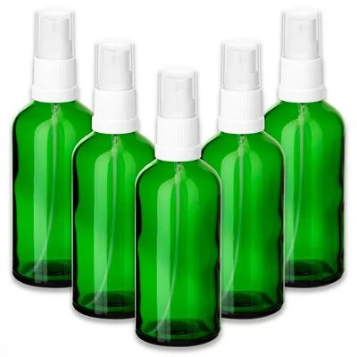 Produktbild von 5x Grüne Glasflasche 100 ml mit weißem Zerstäuber Sprühkopf Pumpspray