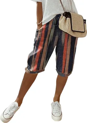 Produktbild von ASKSA Damen Sommer Leinenhose Luftig Hohe Taille Caprihose Locker Elastisch Strandhose Kurzehose, B-Rot, Groesse: M