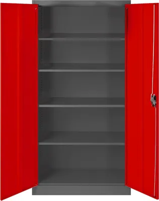An empty, open, gray metal cabinet with red doors.