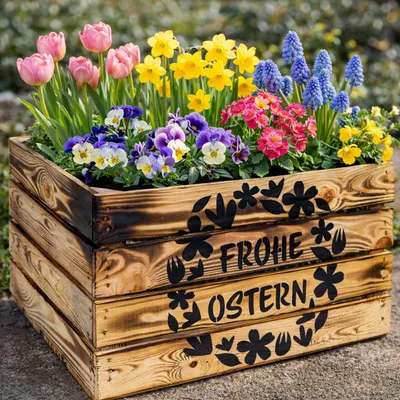 Produktbild von Holzkiste mit Ostermotiv  Frohe Ostern (Osterkranz) 50 x 40 x 30 cm  Osterkiste Osterdeko Weinkiste Obstkiste  Geflammt Osterkiste (Osterkranz)