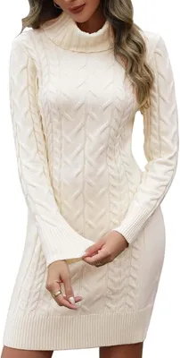 Produktbild von Gestricktes Damenkleid mit Rollkragen und langen Ärmeln in Beige