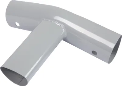 A close-up studio shot of a gray metal T-connector for a pool frame.
