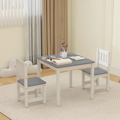 Produktbild von Kindertisch mit 2 Stühlen, Kindersitzgruppe 3-teilig, Spieltisch Kindermöbel MDF & Kiefer, Grau | 56x52x48 cm | 3–8 Jahre | abgerundete Ecken
