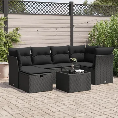 Produktbild von Eleganten-Stil 7-tlg. Garten-Lounge-Set mit Kissen Garten-Sofagarnitur, Outdoor Indoor, Schwarz Poly Rattan Gartenmöbel-Sets CHY29145003