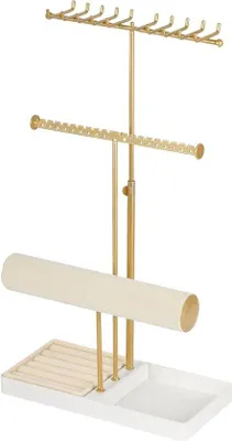 Produktbild von Famanu Schmuckständer verstellbar - 3 Ebenen - 20 Kettenhaken - 18 Ohrringlöcher - 6 Ringrollen - gold/weiß