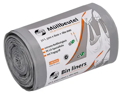 Produktbild von Deiss FIRST PLUS PCR Müllsäcke grau 30 Liter 500 x 600 + 160 mm 50 Säcke