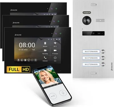 Produktbild von HD Video Türsprechanlage mit Smartphone App für 3 Familienhaus, 3x Monitor, Balter EVO HD WLAN Silber/Schwarz