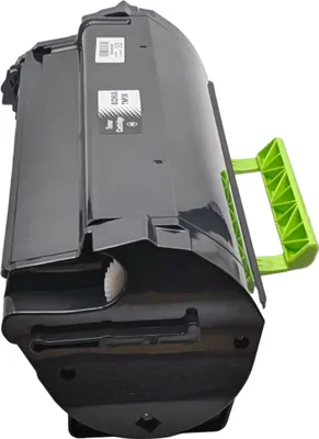 A black toner cartridge with a green handle is shown against a white background.