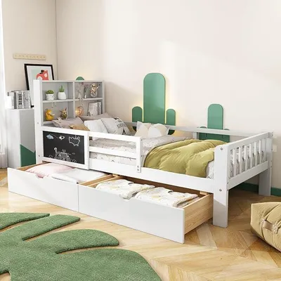 Imagen del producto de Cama infantil de 90 x 200 cm con barandillas de seguridad, cama de madera con cajones y pizarra, somier, cama individual para niños, sin colchón, color blanco