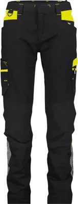 A pair of black work pants with yellow accents.
