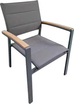 A single outdoor chair with gray fabric and wooden armrests on a white background.