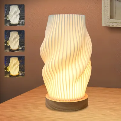 LED-Tischlampe mit Holzsockel, 3 Lichtfarben, 9 Stufen dimmbar, USB