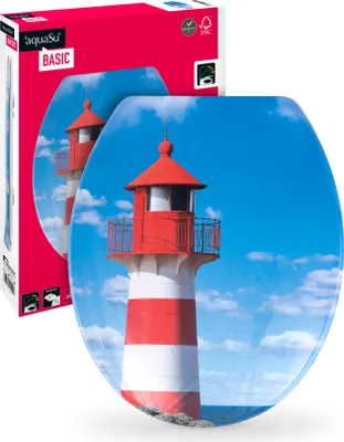 Produktbild von aquaSu® Basic, WC-Sitz mit Motiv, Duroplast Toilettendeckel mit Absenkautomatik, Belastbar bis 200 kg, Standard O-Form, Leuchtturm, 409216
